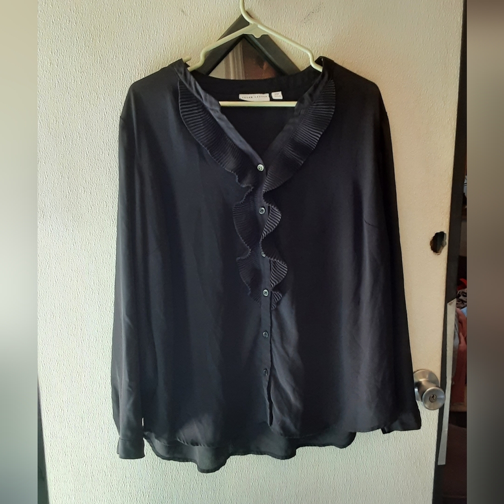 Susan graver black ruffle button down shirt